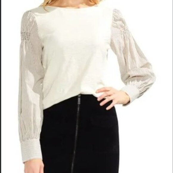 Vince Camuto Women Ivory Cream Brown Striped Boat-Neck Blouse Top Size XS S - Picture 1 of 6
